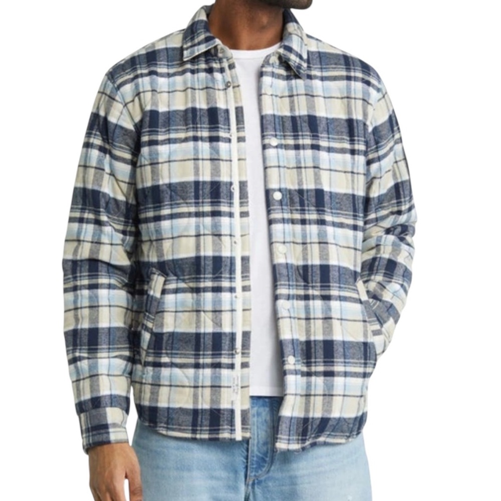 Rag & Bone Dane Plaid Down Quilted Flannel Snap Shirt Jacket Blue Cream Men's M